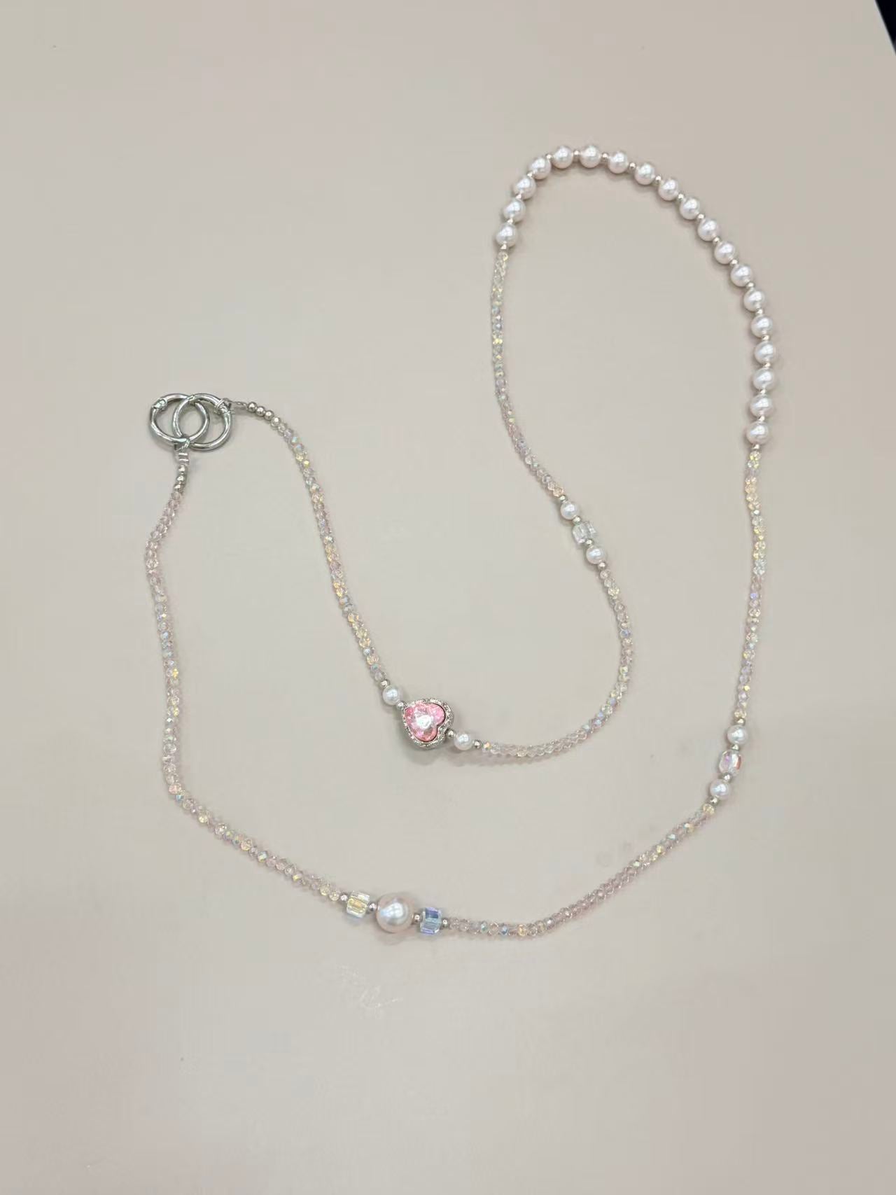 Pearl crystal phone lanyard with pink heart