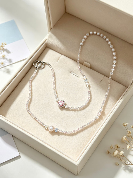 Pearl crystal phone lanyard with pink heart