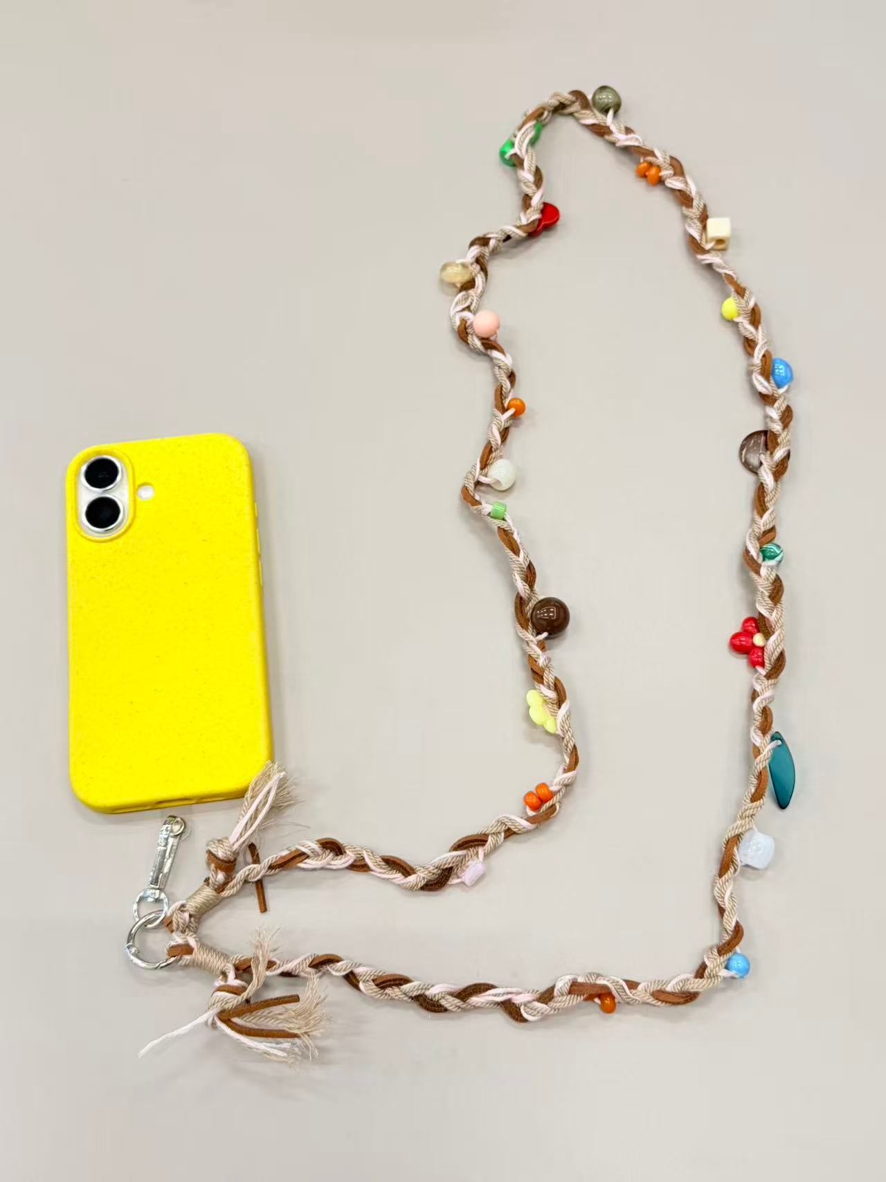 Brown cream braided phone lanyard with beads