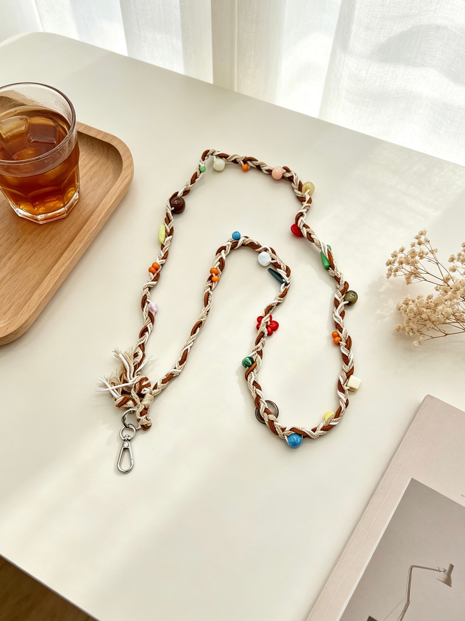 Brown cream braided phone lanyard with beads