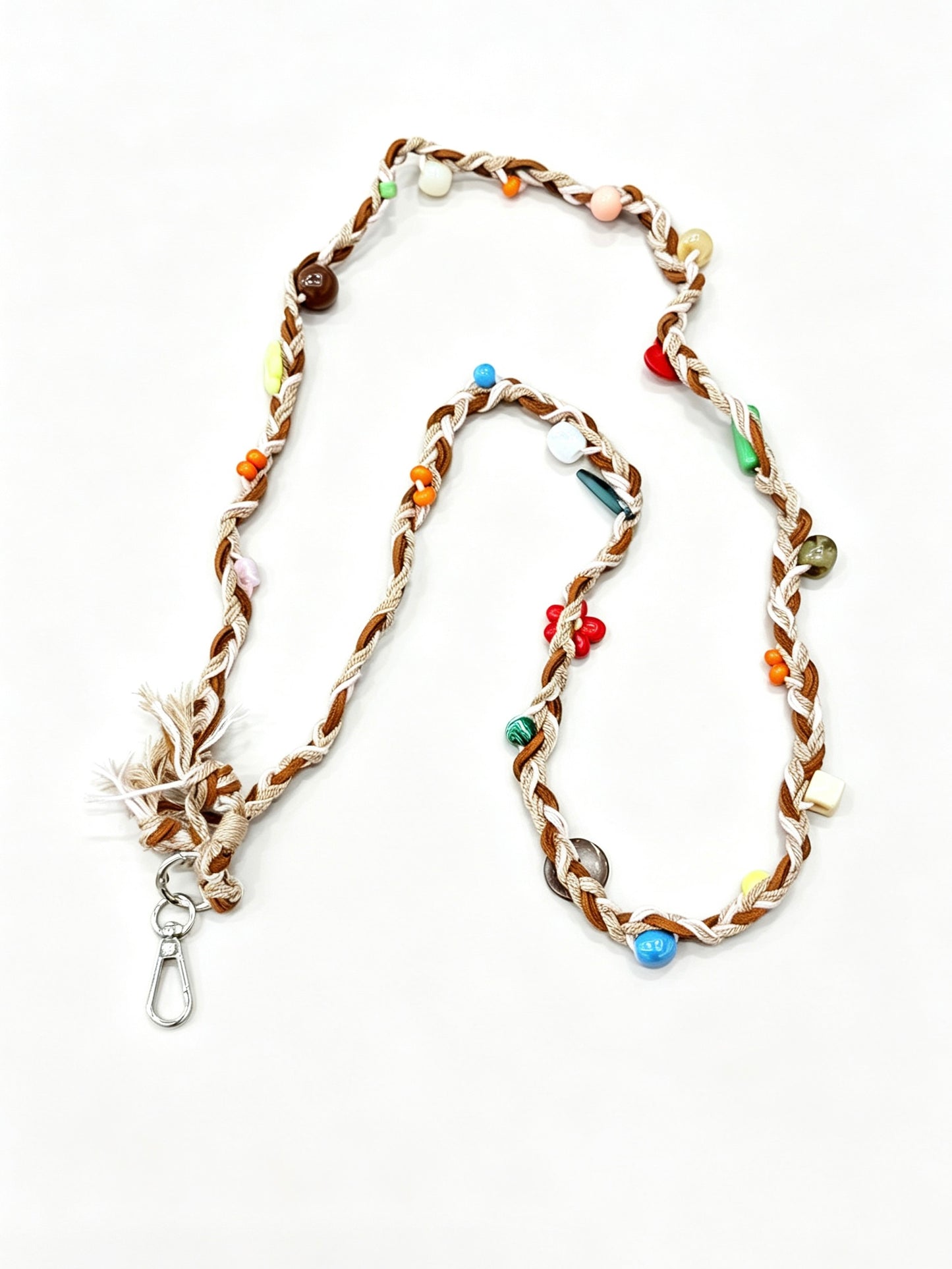 Brown cream braided phone lanyard with beads