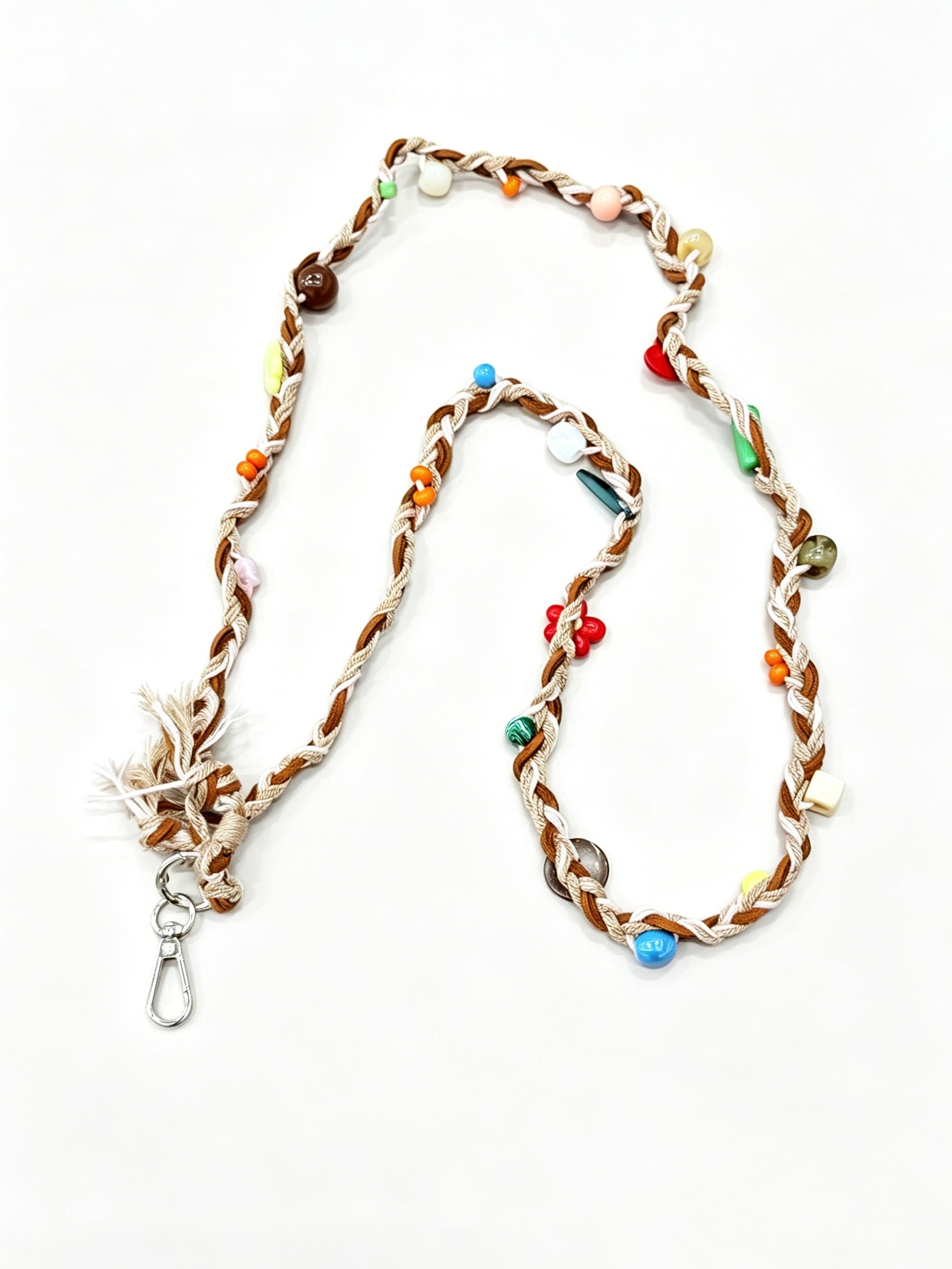 Brown cream braided phone lanyard with beads