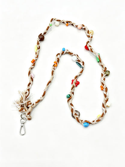Brown cream braided phone lanyard with beads