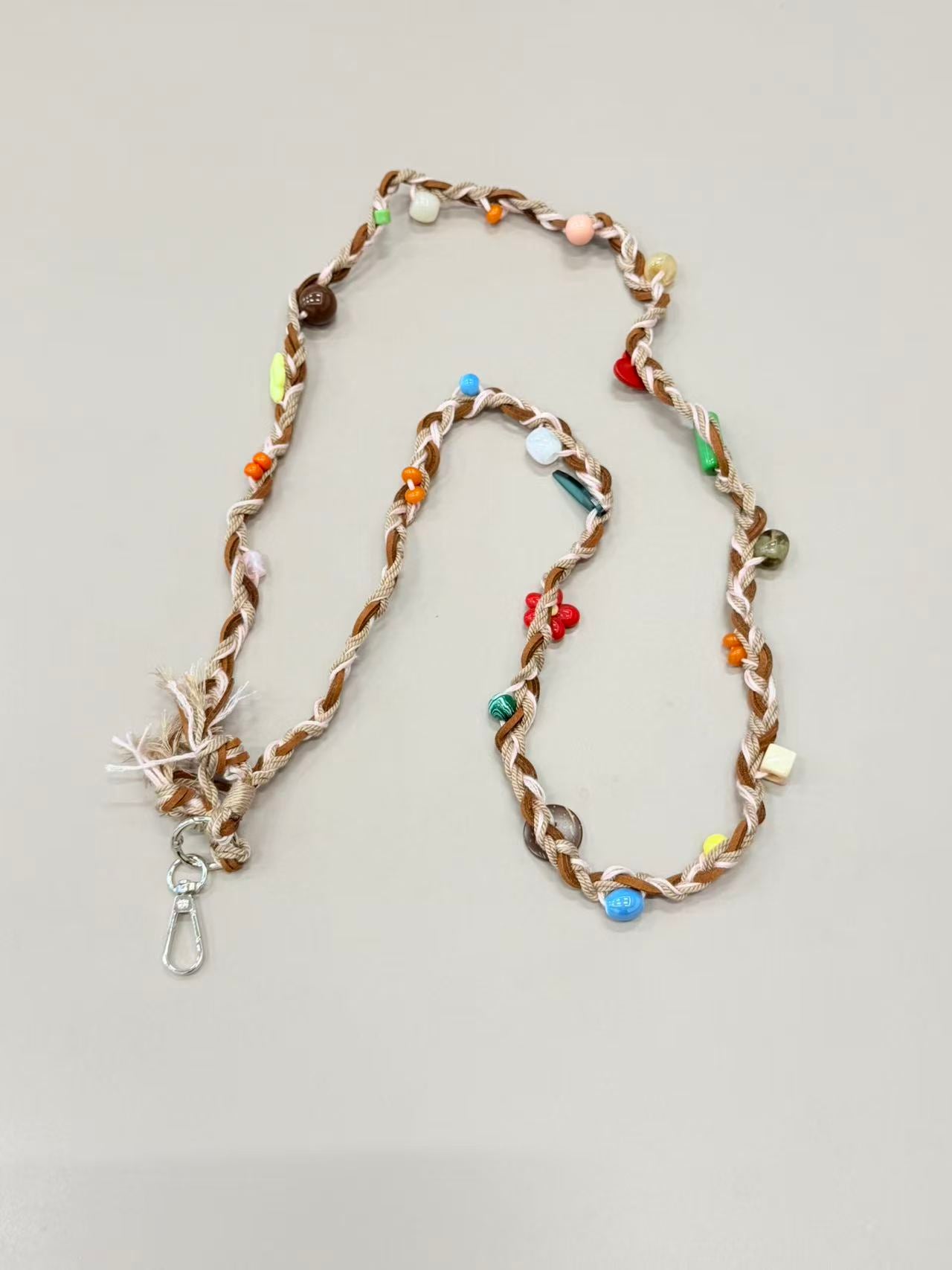 Brown cream braided phone lanyard with beads