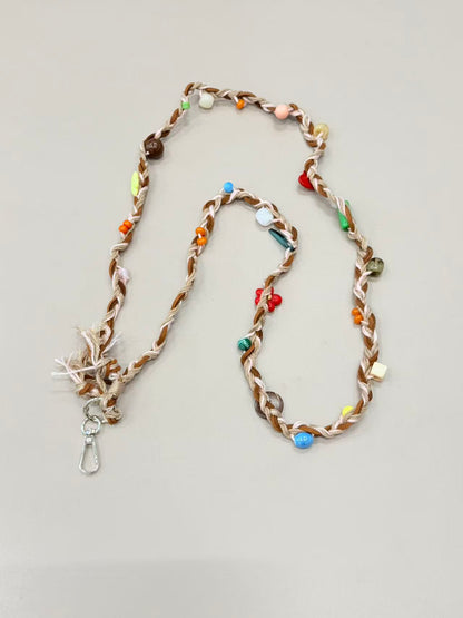 Brown cream braided phone lanyard with beads