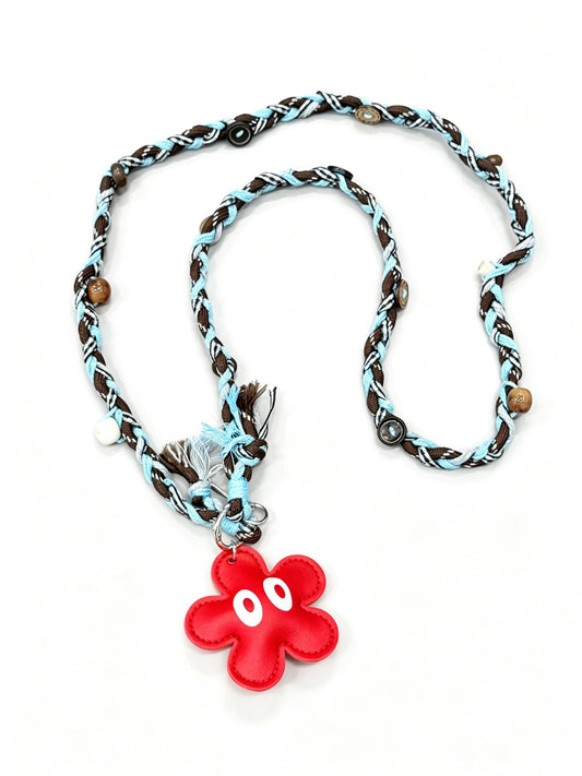 Brown blue braided phone lanyard with flower charm