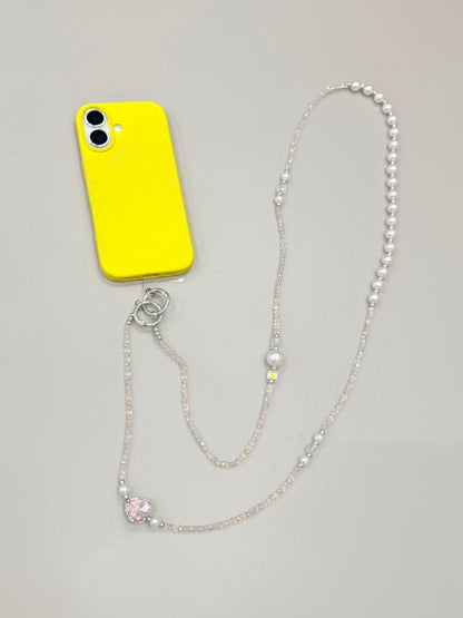 Pearl crystal phone lanyard with pink heart