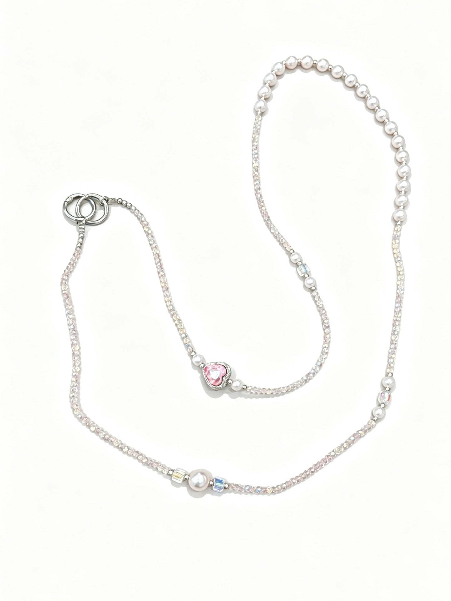 Pearl crystal phone lanyard with pink heart