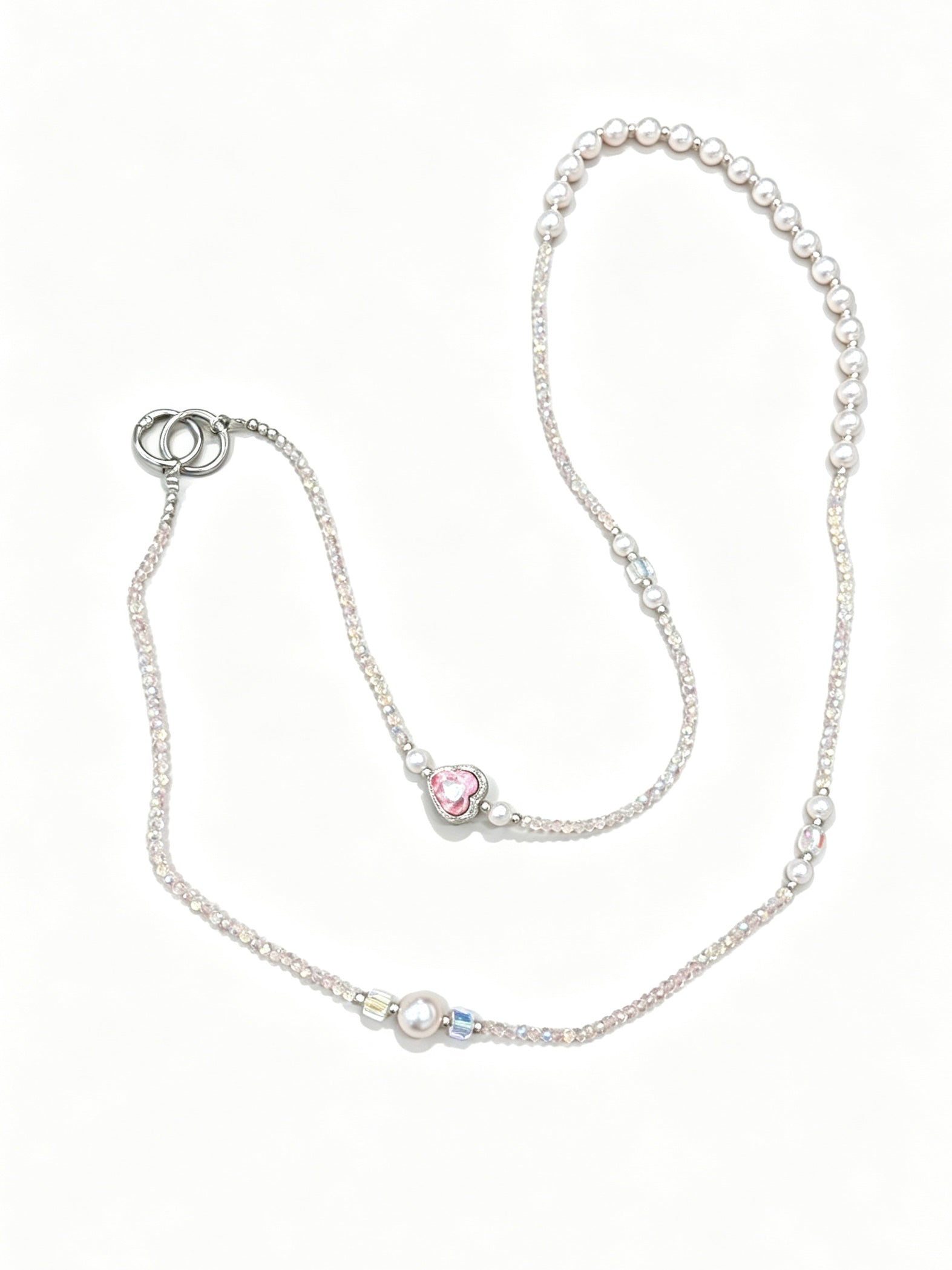 Pearl crystal phone lanyard with pink heart