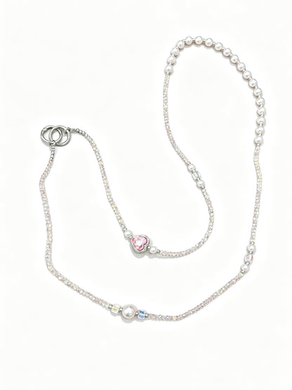 Pearl crystal phone lanyard with pink heart