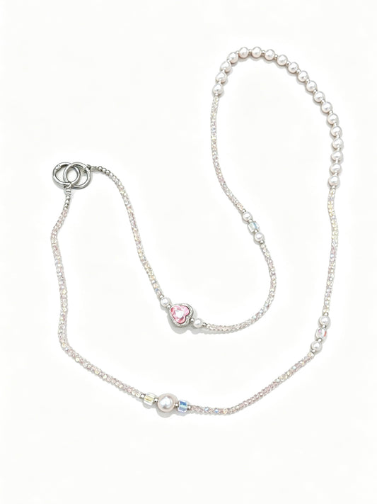 Pearl crystal phone lanyard with pink heart
