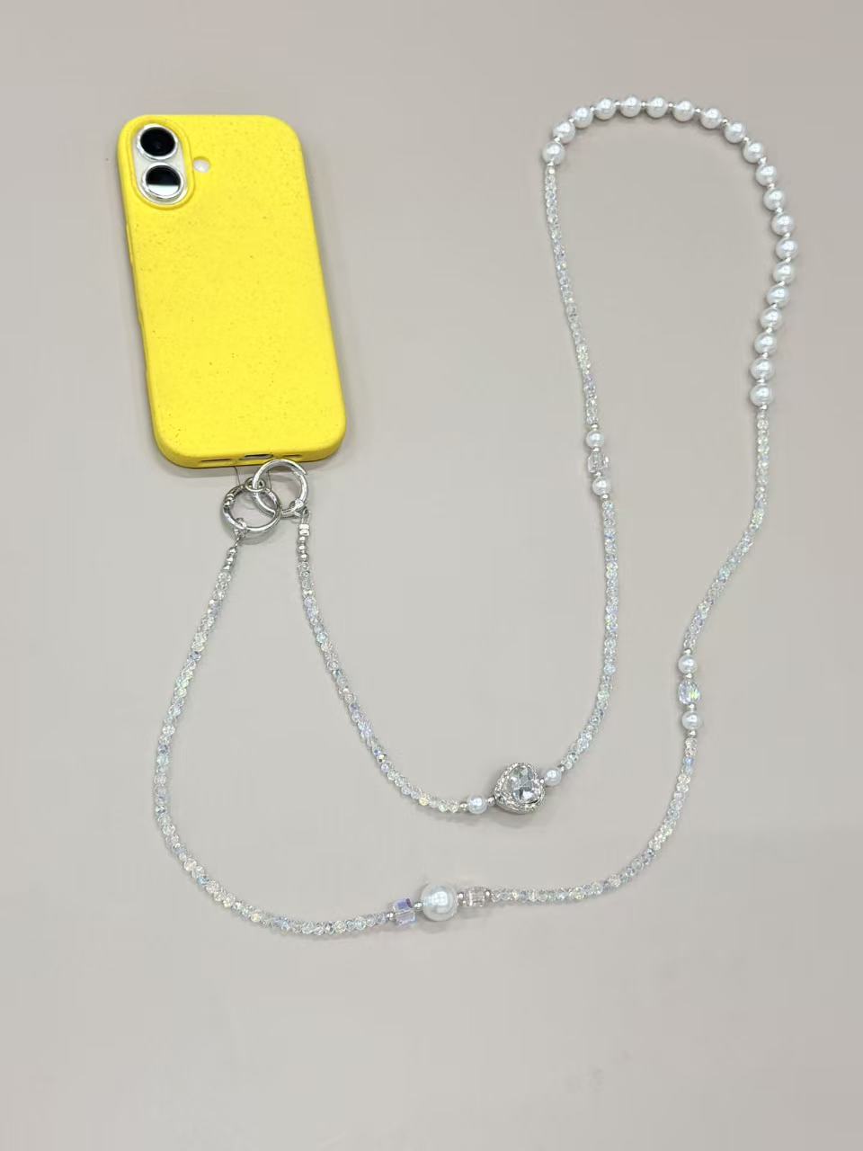 Crystal pearl phone lanyard with blue heart