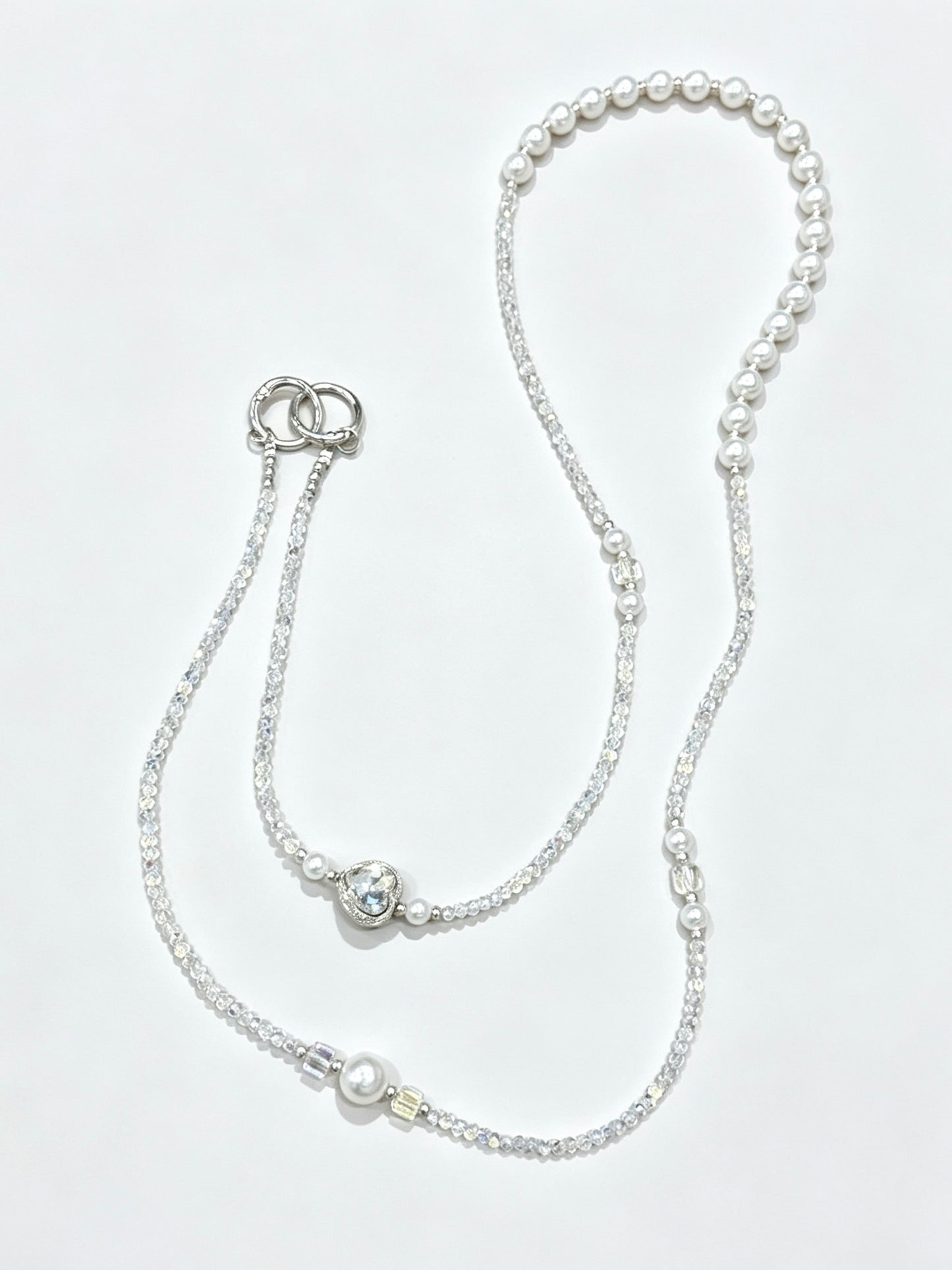 Crystal pearl phone lanyard with blue heart