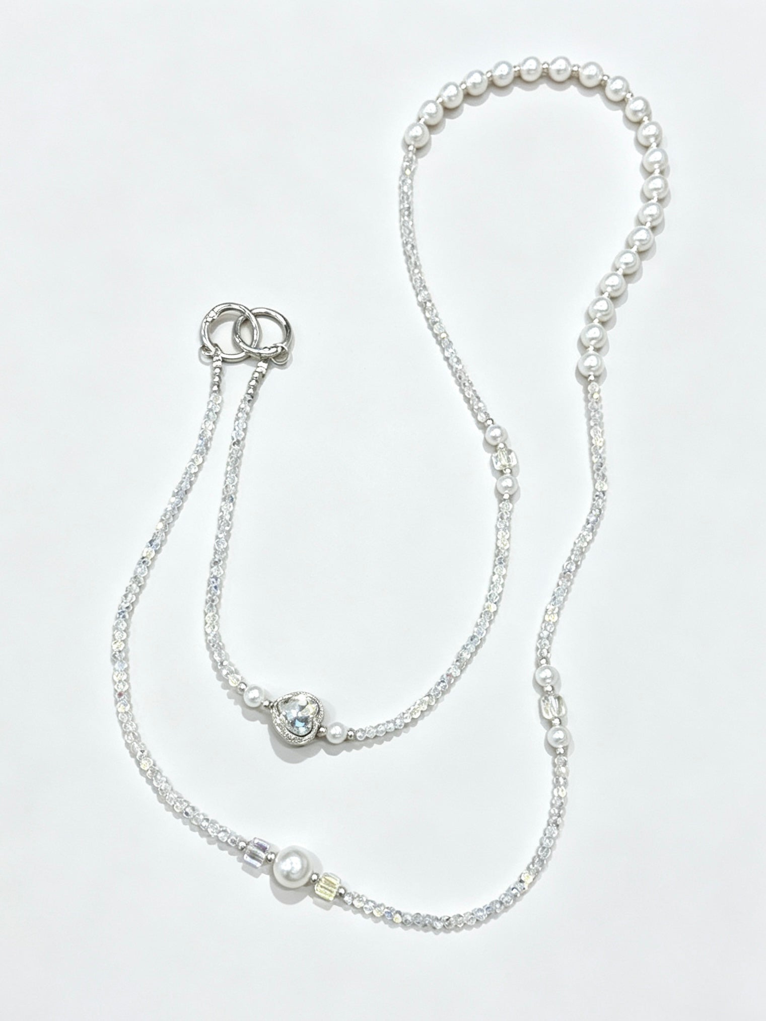 Crystal pearl phone lanyard with blue heart