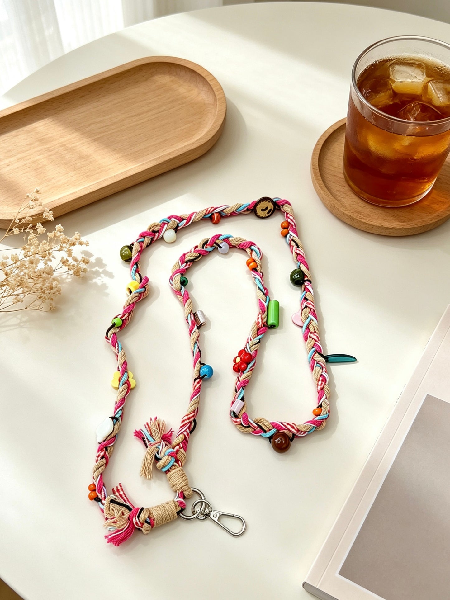 Colorful braided phone lanyard with beads