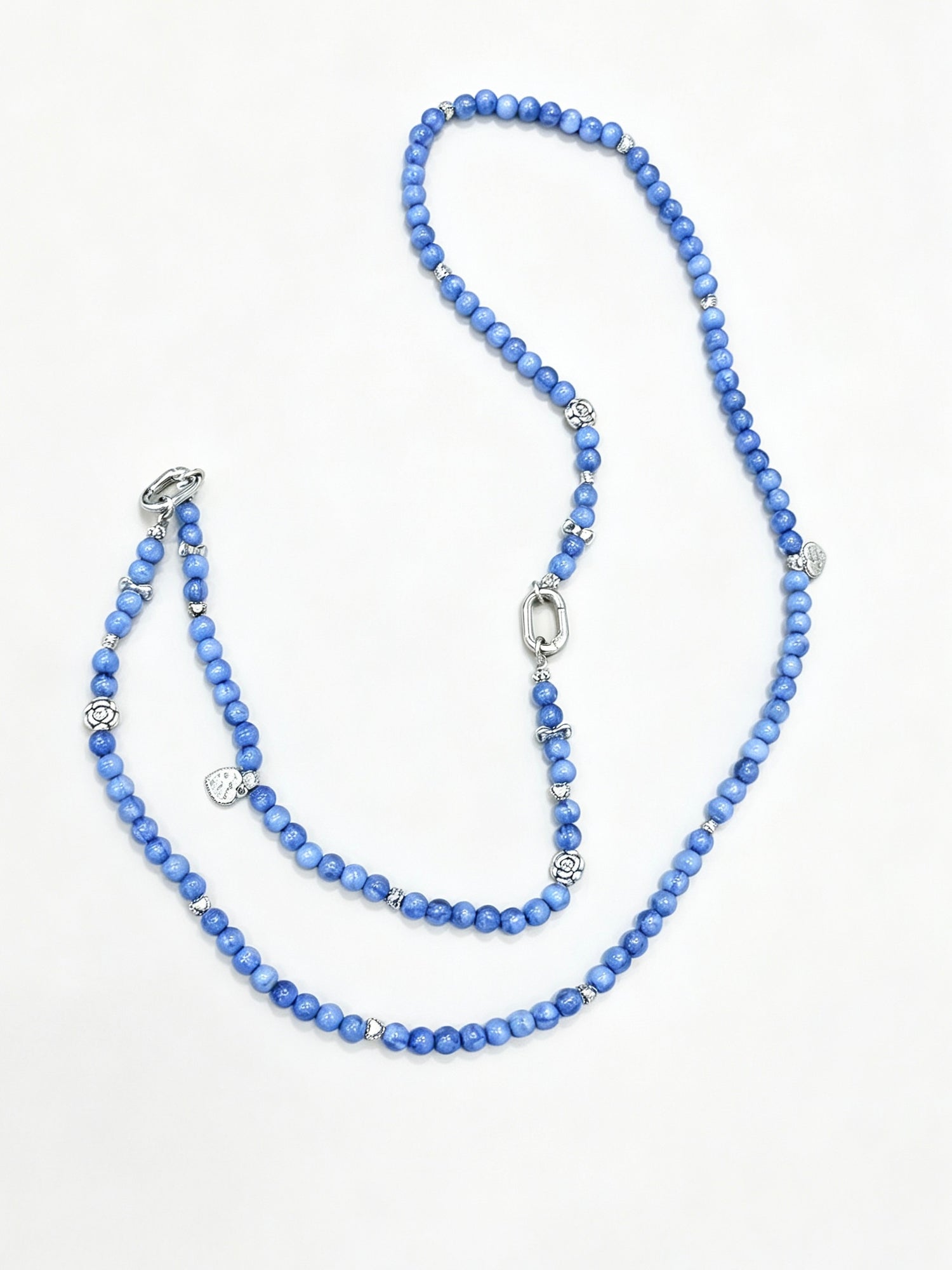 Blue beaded phone lanyard with silver charms