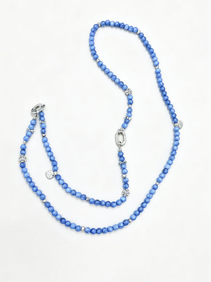 Blue beaded phone lanyard with silver charms